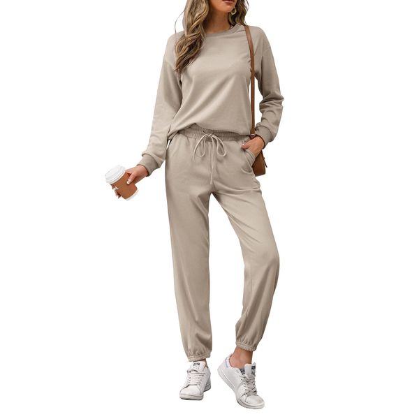 REORIA Damen Tracksuit Langarm Rundhalsausschnitt Einfarbig Zweiteiler Outfit Hoodie Jogger Trainingsanzug Set Sweatshirt & Jogginghose Khaki S