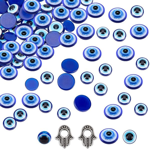 NBEADS 202 Pcs Evil Eye Beads Set, 200 Pcs 2 Sizes Flat Back Evil Eye Cabochons 2 Pcs Hamsa Hand and 1 Pcs Round Evil Eye Resin Bead for DIY Jewelry Making Kit