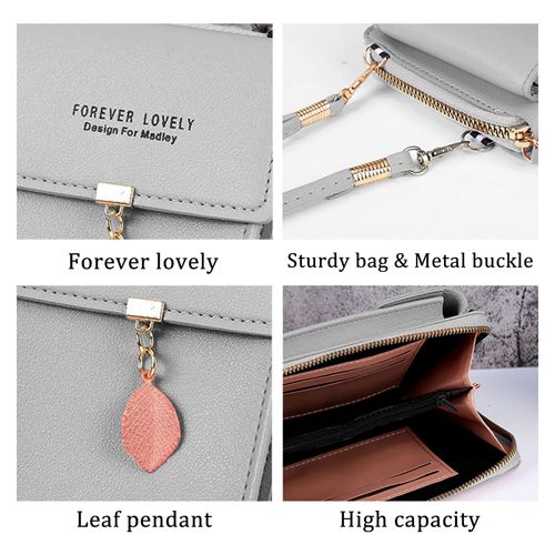 FuninCrea Crossbody Phone Bag, Fashion PU Shoulder Bag With Zipper, Mobile Phone Wallet Bags with Three Layers, Small Cross Body Bag with Metal Leaves for Cellphone, Key, Card(grey)