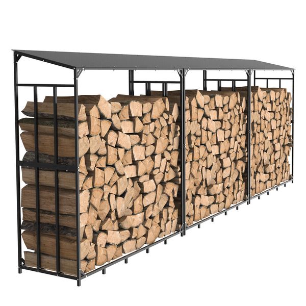 Heavy Duty Outdoor Firewood Rack Fireplace Logs Holder w/ Waterproof Roof 660lbs