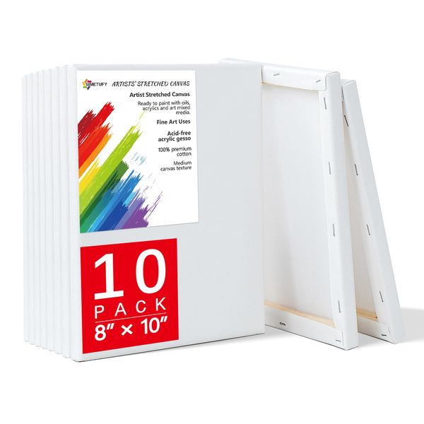 8x10 Inch Stretched Canvas, 10 Pack 100% Cotton Professional Blank Canvas, Canvases for Painting Using Acrylic Paint or Oil (Pre-Primed)