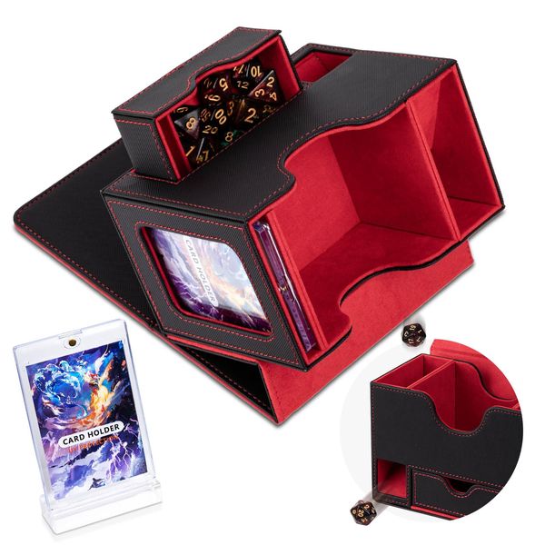 Flooyes MTG Commander Deck Box, Card Storage Box Fits 100 Double-Sleeved Cards, 35pt Card Brick, Dice Tray & Dice Pool, PU Leather Strong Magnet Card Deck Case for Magic Commander TCG CCG, Black/Red