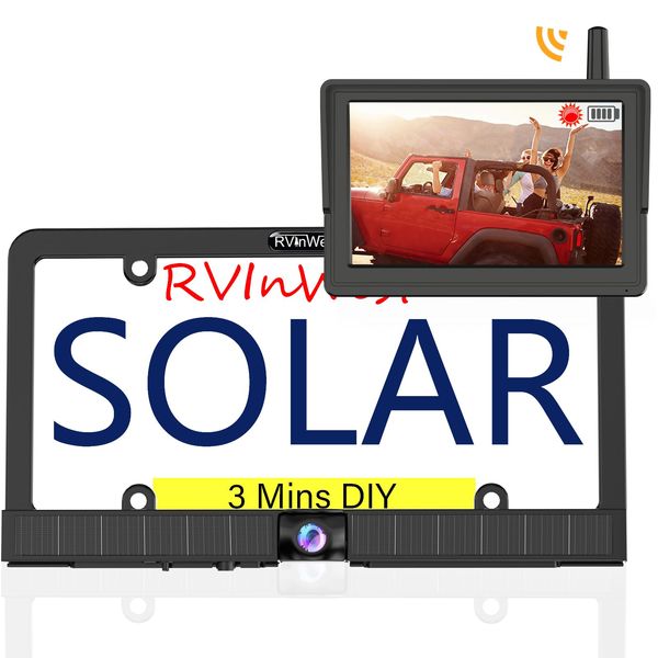 RVInWest Solar Wireless Backup Camera +5'' HD 1080P Monitor, 3 Mins DIY Installion, IP69K Waterproof License Plate Rear Camera with 5200mAh Rechargable Battery for Cars RVs Trucks Trailers SUVs