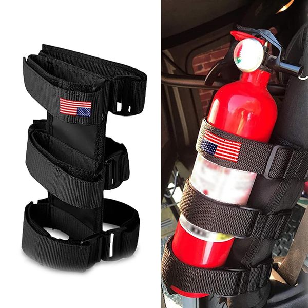 gunhunt 1 PC Fire Extinguisher Mount, American Flag Roll Bar Fire Extinguisher Holder Strap, Adjustable Fire Extinguisher Fixed Belt for Jeep Wrangler 1965-2022 JK JKU TJ CJ Gladiator (Black)