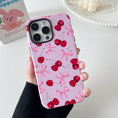 DEFBSC Case for iPhone 15 Pro Max, Cute Pink Bow Cherry Print Aesthetic Trendy Pattern for Women Girls Slim Durable Bumper Shockproof for iPhone 15 Pro Max Case, Pink Ribbon/Glossy