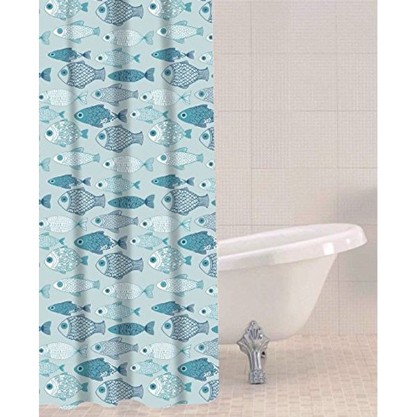 Sabichi PEVA Blue Shower Curtain - 180 x 180 cm (71 x 71 Inch) - Baby Fish Patterned - Multicolour Shower Curtain - Mould Resistant - Easy To Clean - BPA Free - Includes 12 Plastic Hooks