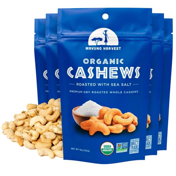 Mavuno Harvest Organic Roasted Cashews with Sea Salt | Dry Roasted Whole Cashew Nuts | Vegan, Non GMO Healthy Snacks for Kids and Adults | Office Friendly Work Snack | 4 Ounce, Pack of 6