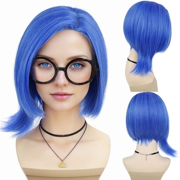 GNIMEGIL Sadness Blue Bob Wig with Black Glasses Frames Girls Blue Wig Anime Women Heat Resistant Synthetic Cosplay Halloween Costume Party Wig