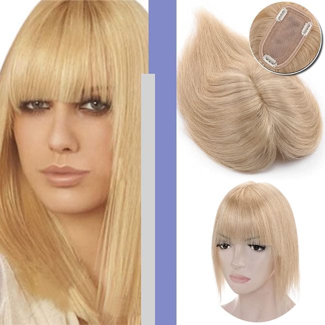 Elailite Haartopper Extensions, Frauen Toupet mit Bang, 100% Remy Echthaar, 150% dicke 7 * 13cm Basis, Clip in Haarverdichtung, 18"(45cm), 53g, 24 Natürliches Blond