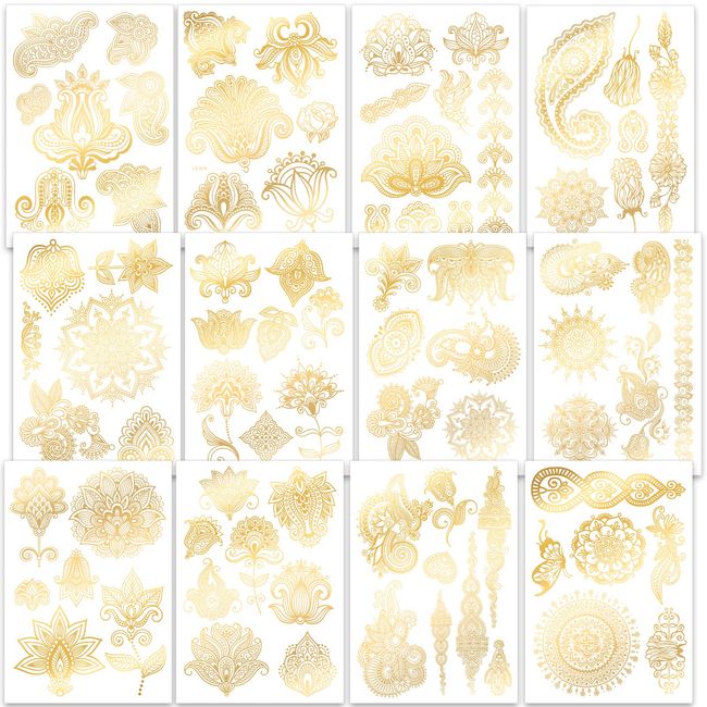 Qpout 12 Blatt Metallic Temporäre Tattoos für Kinder Mädchen Frauen, Gold Tattoos Wasserdicht, Bronzierende Tattoo Aufkleber, Tribal Totem Schmetterling Blume Tattoos