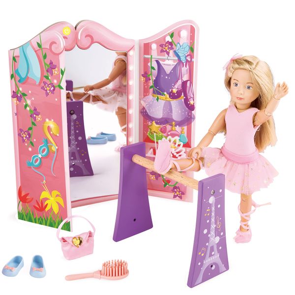 Kruselings Vera Ballet Room Scenery Set - Includes 9" Vera Doll, Folding Mirror, Ballet Barre, and Accessories