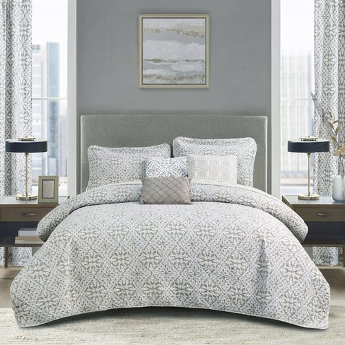 HESTIN 8 Piece Queen Size 90" x 90" Reversible Bedspread Quilted Coverlet Matching Curtains with Geometric Patterns, Rose Bella Gray