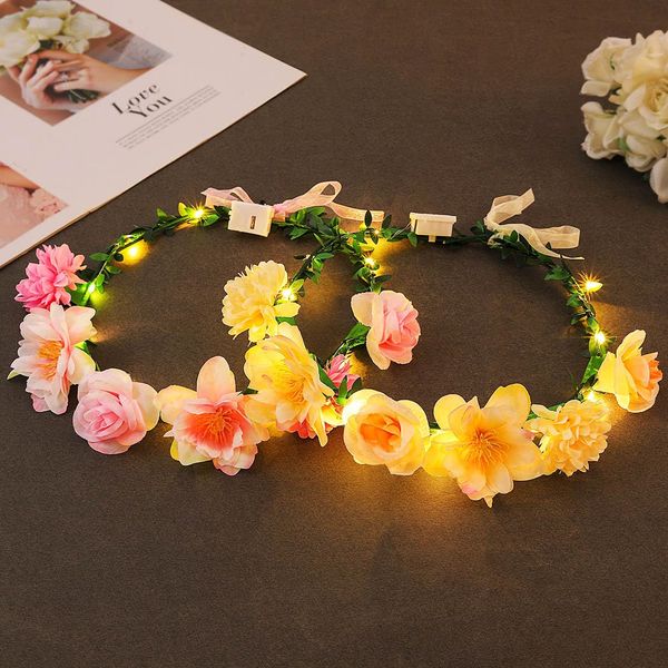 Zoestar Light Up Flower Crown Headbands LED Garland Headband Bridal Floral Headpiece Festival Hair Wreath for Women and Girls,2 Pcs (Pink and Beige, One Size)