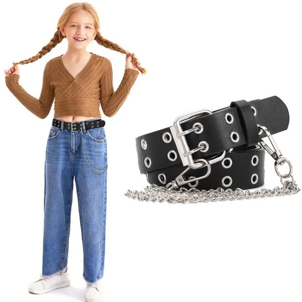 WERFORU Girls Belt with Chain Kids Double Grommet Punk Waist Belt with Detachable Chain for Jeans Pants Black 90 cm