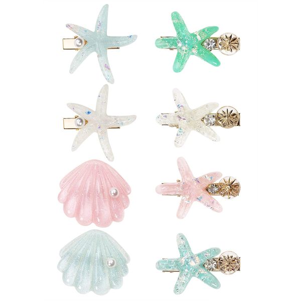 Shell Starfish Hair Clips Set Penta Angel 8Pcs Artificial Pearl Acrylic Resin Hair Alligator Clips Headwear Styling Tool Accessories for Women Girls Beach Wedding (Charming Style)