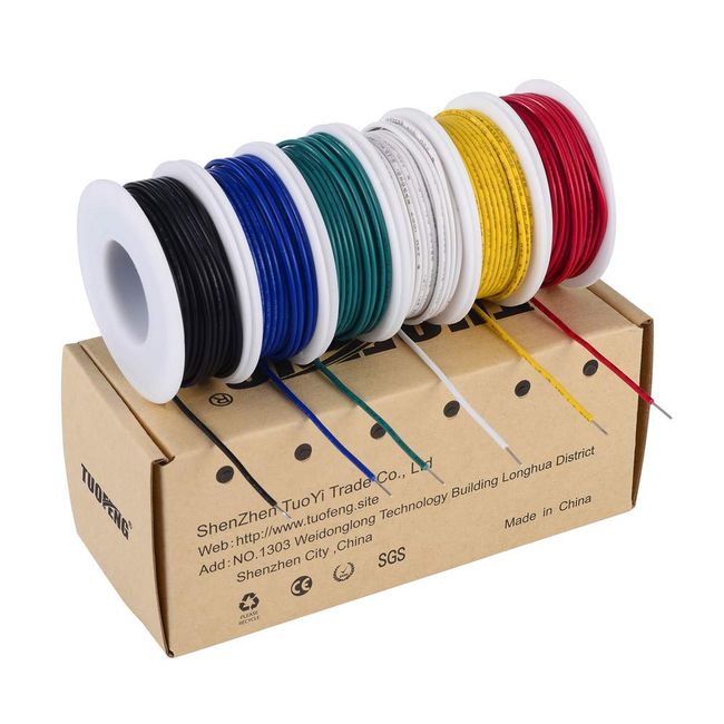 TUOFENG 22 AWG SOLID WIRE KIT - 6 different colors of 9 meter spool, 22 gauge jumper wire, solid wire ideal for hook-up wire kits