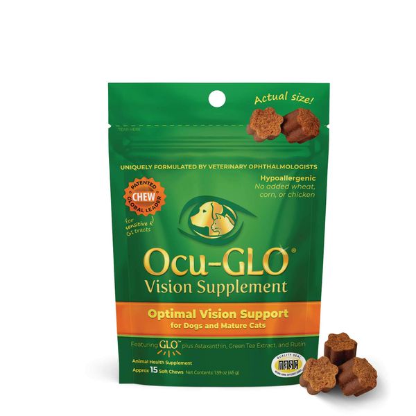 Ocu-GLO Cat & Dog Senior Supplement for Eye Support - Soft Chews Vision Vitamins Supplements for Large and Small Pets Care with Lutein, Omega-3 Fatty Acids, Grape Seed Extract & Antioxidants