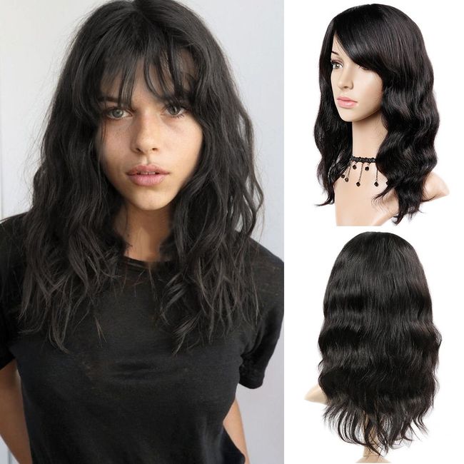 WIGNEE 100% Virgin Human Hair Natural Wave Wigs with Bangs Brazilian Human Hair Wave Wigs Natural Black Color (16 Inch)