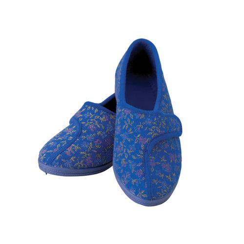 PERFORMANCE HEALTH Patterned Slippers for Ladies, Size 4, Blue, Comfortable Slippers with a Wide Opening for Swollen or Sore Feet, Comfortable Shoes for Wearing Around the House