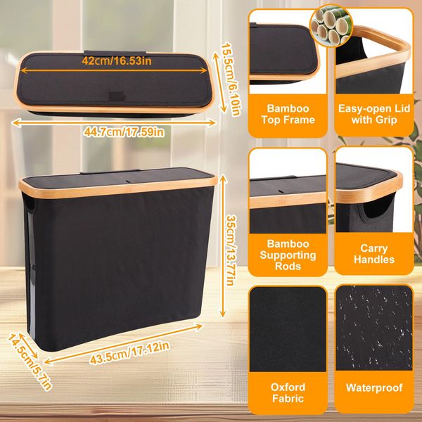 Toilet Roll Storage with Lid, Bathroom Storage Box Toilet Paper Basket Bamboo Toilet Paper Storage Holder Multifunctional Foldable Tidy Box for up to 12 Mega Rolls, 17.13 * 5.71 * 13.78in (Black)