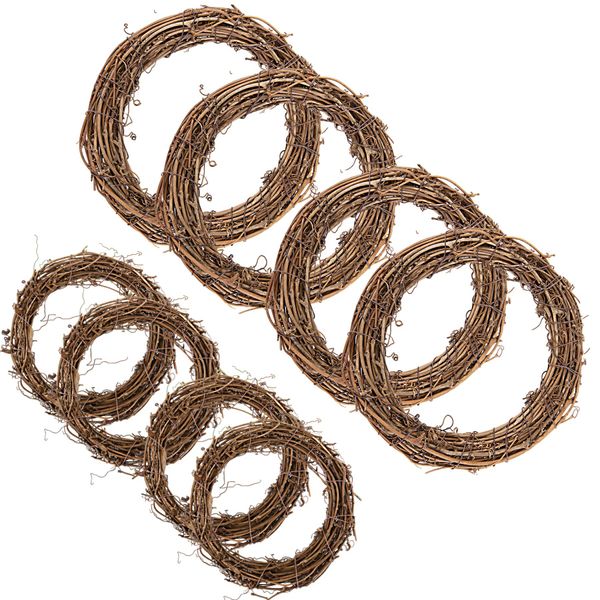 Larcenciel Christmas Wreath Grapevine Wreath Dry Rattan Natural Wreath DIY Crafts Natural Grapevine Wreaths for Xmas Door/Wall Decor Hand-woven Halloween Wreath(8 Pack 2 Sizes 20CM 10CM)