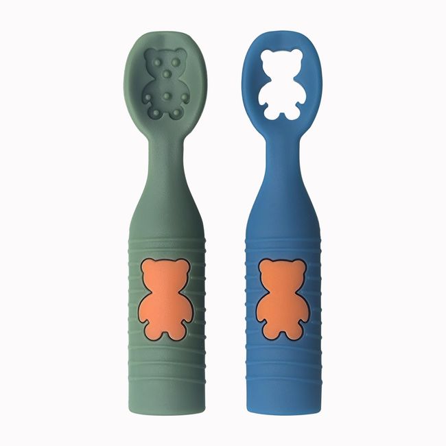 EAFBAO 2PCS Silicone Baby Led Weaning Spoons for Aged 6+ Months; BPA Free, Dishwasher and Boil Safe; Blue/Green