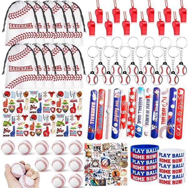 134 PCS Baseball Party Favors, 12 Set Baseball Goodie Bag, Mini Stress Balls, Baseball Stickers, Rubber Bracelets, Keychain, Tattoo Stickers, Slap Bracelets, Whistle for Baseball Themed Party Supplies