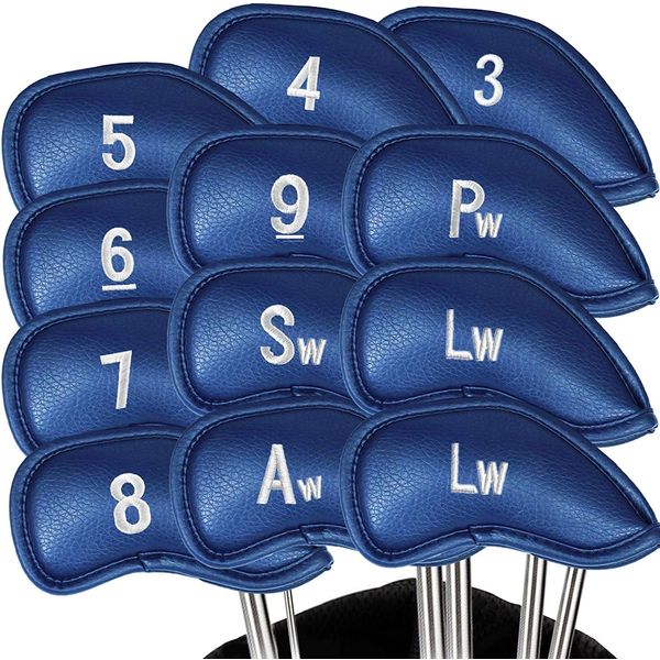 Golf Schlägerhauben Eisen Golfschläger Schlägerkopfhüllen Wert 12 Stück Set, Iron Club Head Covers Schwarz Blau Rot mit Gedruckter Nummer, Kunstleder Golfschlägerhaube Headcover für Aller Marken