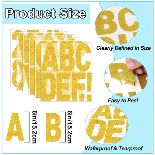196 PCS 24 Sheets Large Gold Letter Stickers 6 Inch Big Font Glitter Alphabet Number Stickers Self Adhesive Stick on Letters for Poster Board Bulletin Board Mailbox Crafts Classroom Home Decor(Gold)