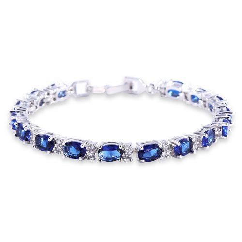 GULICX White Gold Electroplated Cubic Zirconia Blue Crystal Bangle Roman Tennis Bracelet Sapphire Color Link Chain