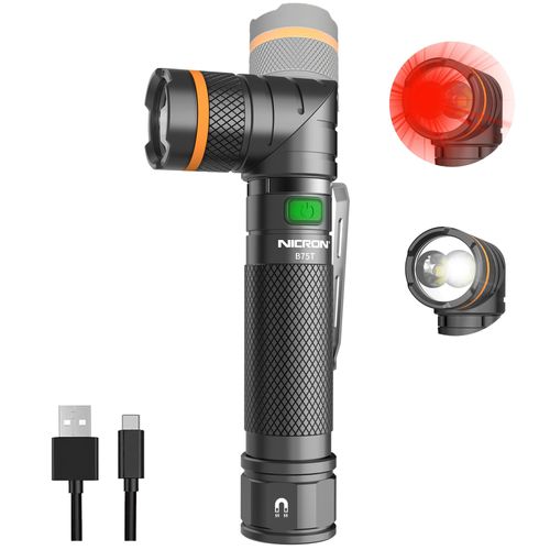 NICRON B75T LED Tactical Flashlight with Red White Dual Light, 90 Degree Rotating Head, Magnetic Base, Pocket Clip for Night Hunting, Camping, Emergency, Night Vision