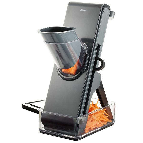 GEFU STANDO Vegetable Slicer - Mandolin with Interchangeable Blades for Slices & Julienne Strips | Collection Container, Safety Leftover Holder, Non-Slip Base