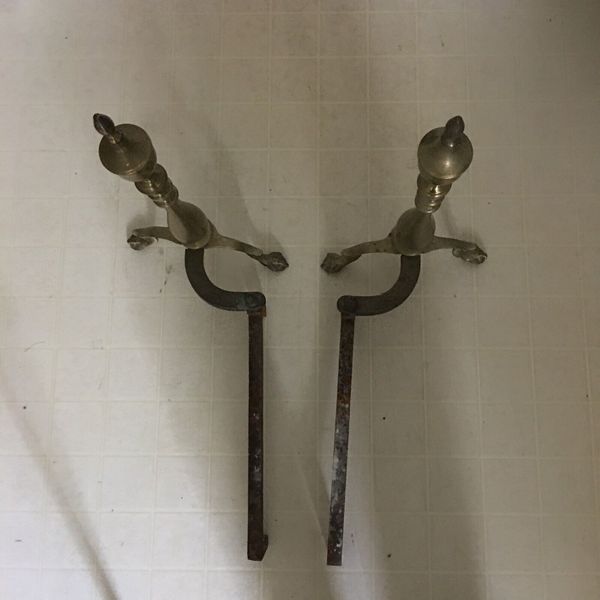 Vintage Pair of Large Solid Brass & Wrought Iron Andirons from 1970s 19"T x19"L