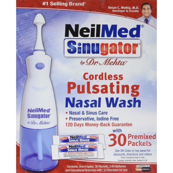 NeilMed Sinugator Cordless Pulsating Nasal Wash with 30 Premixed Packets