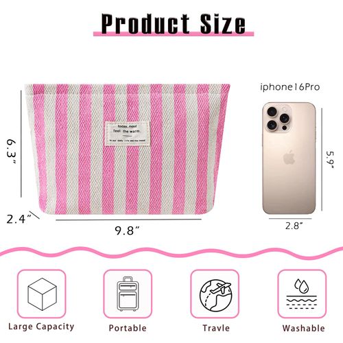 Striped Canvas Makeup Bag with Zipper,Small Travel Washable Organizer Bag with Canvas Lining for Women Girls(01Pink)