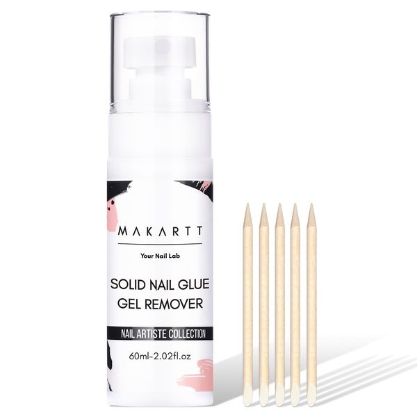 Makartt Nail Glue Remover for Press on Nails, 60ML Gentle Glue Remover for Solid Nail Glue Gel Non-Acetone Press on Nail Remover for Nail Tips, Nail Polish Remover with 5pcs Wooden Sticks