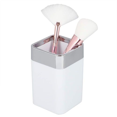 Home Basics Square Matte White with Chrome Trimmed Top Band Bathroom Accessory Cup 10 oz. ABS Break Resistant Plastic | Rounded Corners, Multi-Use Tumbler