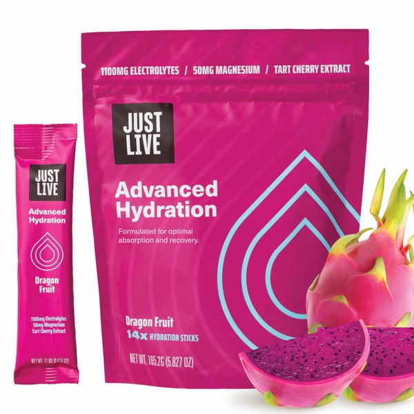 Just Live Advanced Hydration - Dragon Fruit, Electrolyte Drink Mix, Tart Cherry Extract, Supports Recovery & Absorption, Low Sugar, 14 Pack