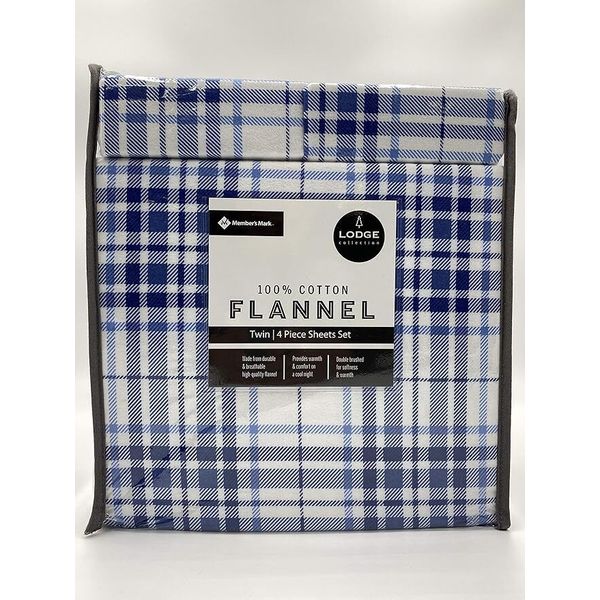 Members Mark 100% Cotton 4pc Flannel Sheets Set Blue Plaid Twin