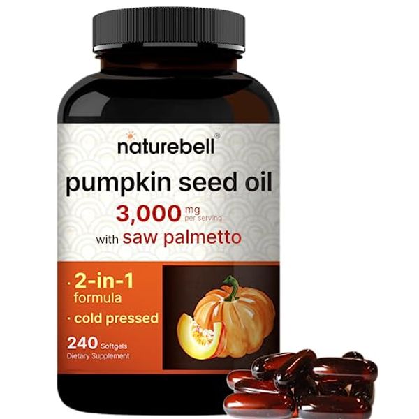 NatureBell Virgin Pumpkin Seed Oil 3,000mg Per Serving with Saw Palmetto, 240 Softgel Capsules | Cold Pressed – Rich in Omega 6 & 9 Essential Fatty Acids – Prostate & Bladder Supplements, Non-GMO