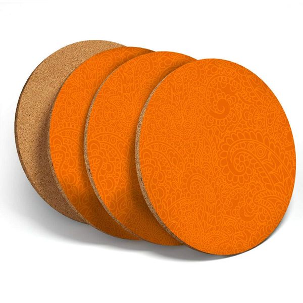 4 Set - Pretty Orange Henna Design Coasters - Kitchen Drinks Coaster #3687