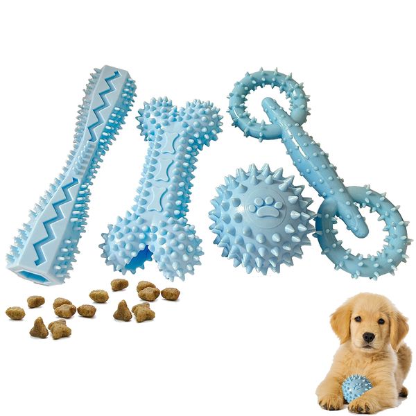 4 Pack Puppy Toys for 2-8 Months Pets Dog Chew Toy for Small Puppies Teething Toys for Cleaning Teeth Food Dispensing Soft Durable Rubber Bone Funny Ball Interactive Donut Treat Dumbbell (Blue)