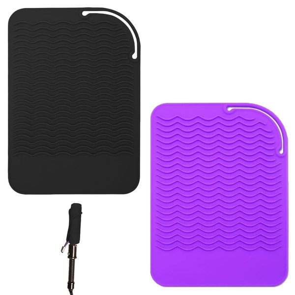 2 Pcs Straighteners Heat Resistant Mat Heat Mat for Hair Straighteners Silicone Curling Mat Silicone Heat Resistant Mat for Hair Straightener Portable Mat for Curling Hot Hair Tools (Black and Purple)