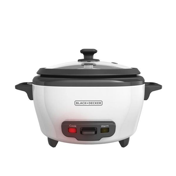 BLACK+DECKER Rice Cooker 6-Cup (Cooked) with Steaming Basket, Removable Non-Stick Bowl, White