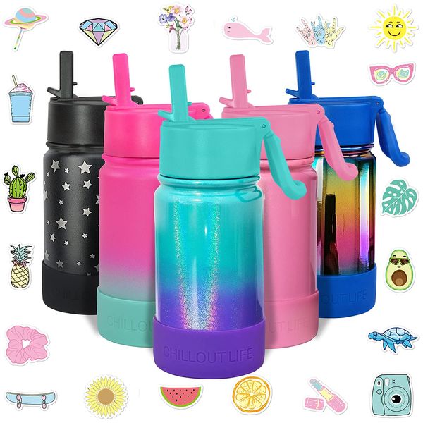 CHILLOUT LIFE 12 oz Kids Insulated Water Bottle for School with Straw Lid Leakproof and Cute Waterproof Stickers, Personalized Stainless Steel Thermos Flask Metal Water Bottle for Girls & Boys