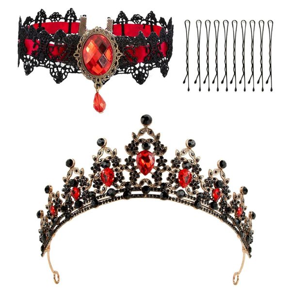 Barock Braut Kronen mit Gothic Halskette,Bride Crown Wedding Tiara Rhinestone Tiara Headband Shiny Princess Hair Decoration for Bridal Birthday Party(Rot)