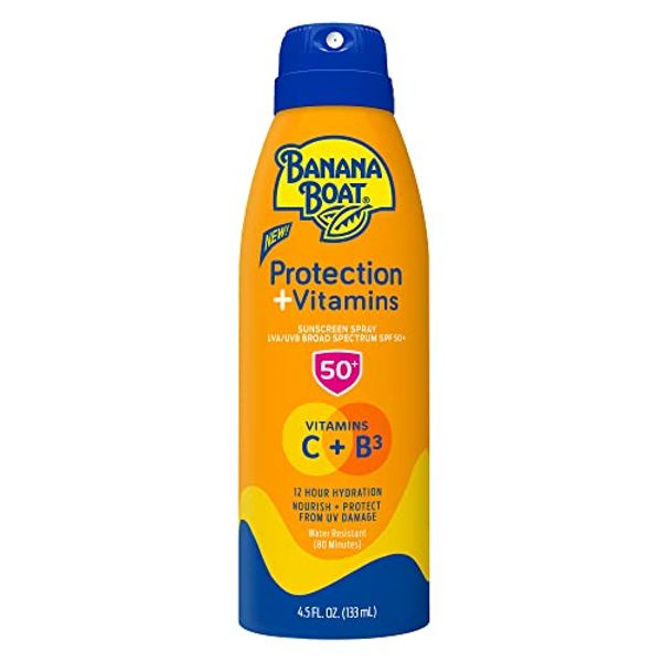 Banana Boat Protection + Vitamins Sunscreen Spray SPF 50 | Moisturizing Sunscreen with Vitamin C & Niacinamide | Banana Boat Spray Sunscreen, Vitamin B3 & Vitamin C Sunscreen, 4.5 oz.