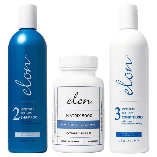 Elon Complete Hair Care Kit for Thinning Hair – Moisture Therapy Shampoo and Conditioner Set + Matrix 5000 Hair Growth Supplement - Suitable for All Hair Types – NO Sulfates, Parabens or Phthalates
