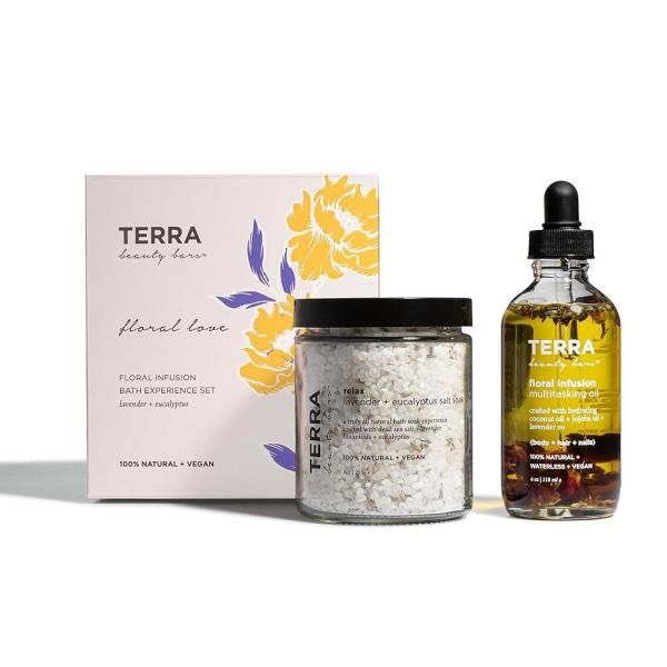 Terra Beauty Bars Salt Bath Floral Love Gift Set Box Natural Body Oil and Bath Salts, Vegan (2 Pieces) 365953