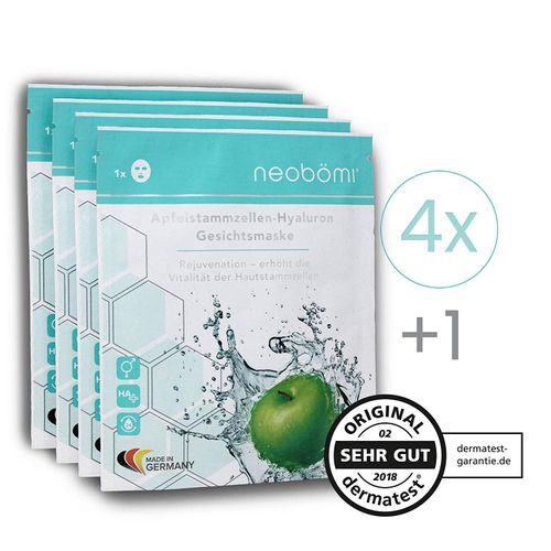 Neobömi® Hyaluron Face Mask, High Dose Cloth Mask with Apple Stem Cells, Anti-Ageing Face Mask, Perfect Age Fit Face Care, Luxury Beauty, Eye Pads Effect, 4 + 1 Piece, Mask Set